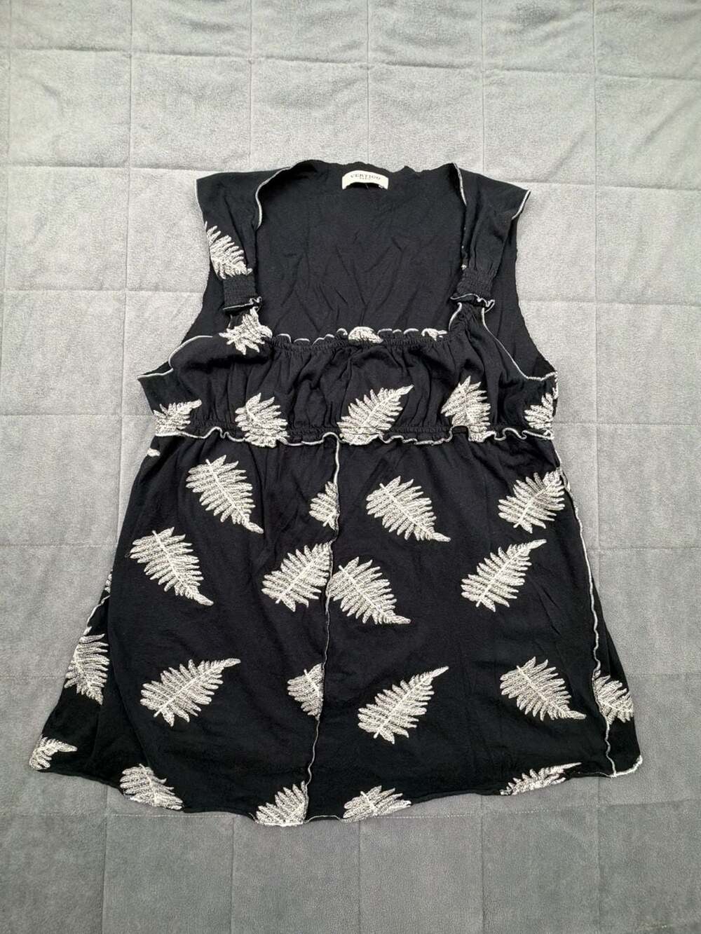 Vertigo Paris Black Fern Leaf Embroidered Sleeveless Smocked Top